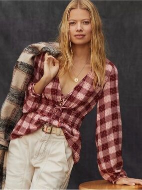 Pilcro  Red Plaid Smocked Peplum Top